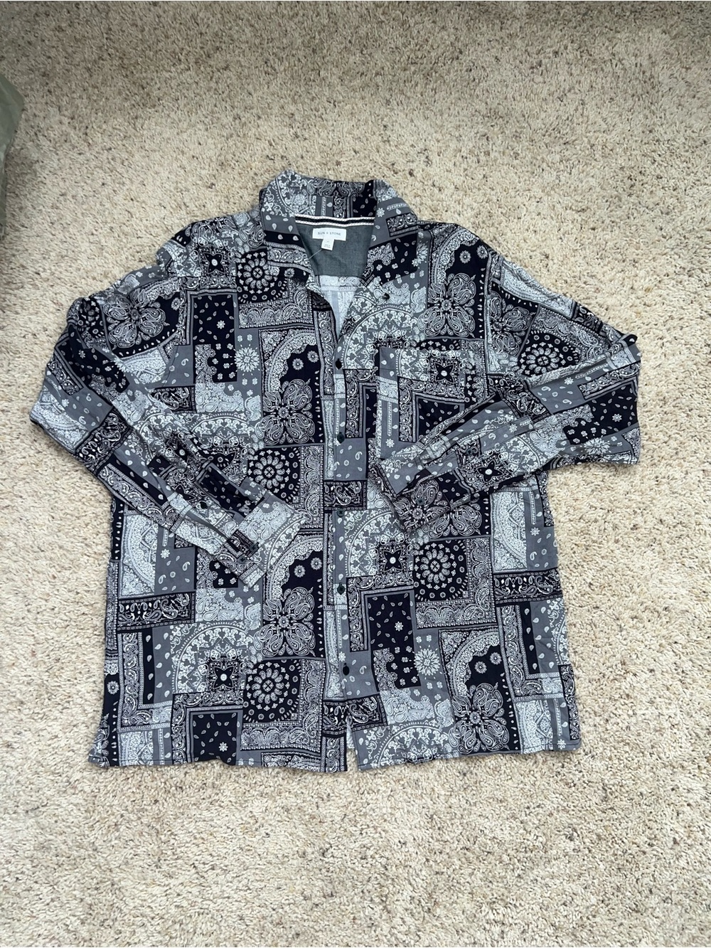 Sun + Stone Black and Gray Bandana Print Lightweight Shirt